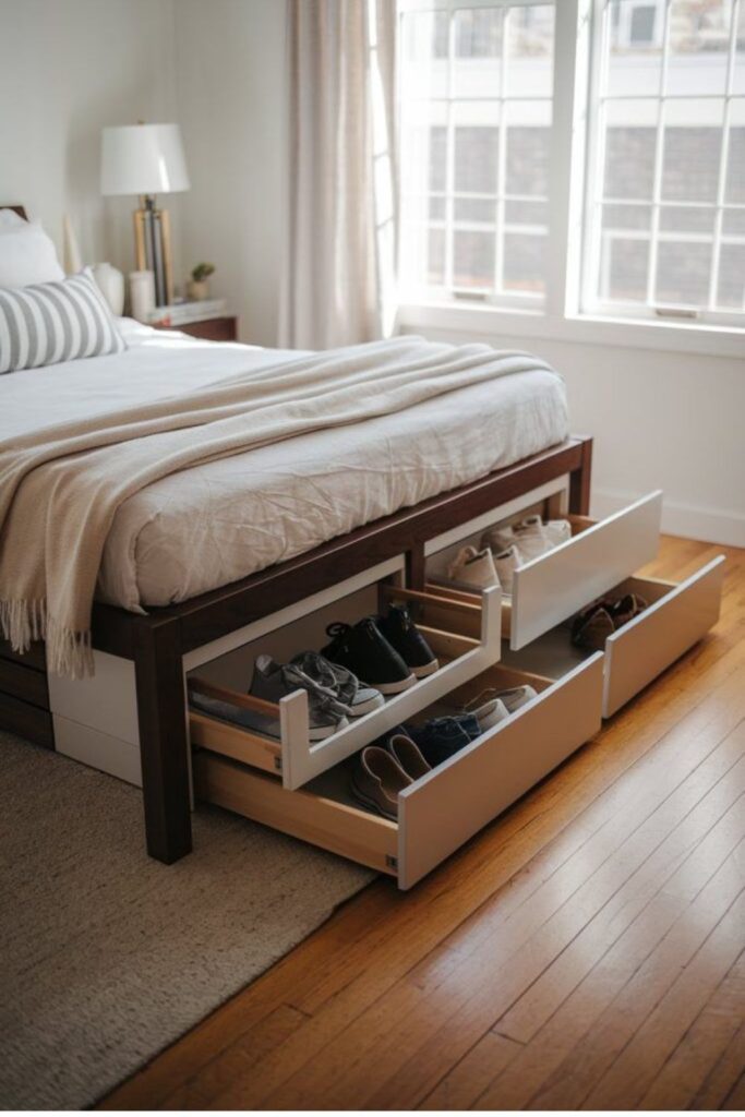 Upholstered storage bed with hidden drawers.