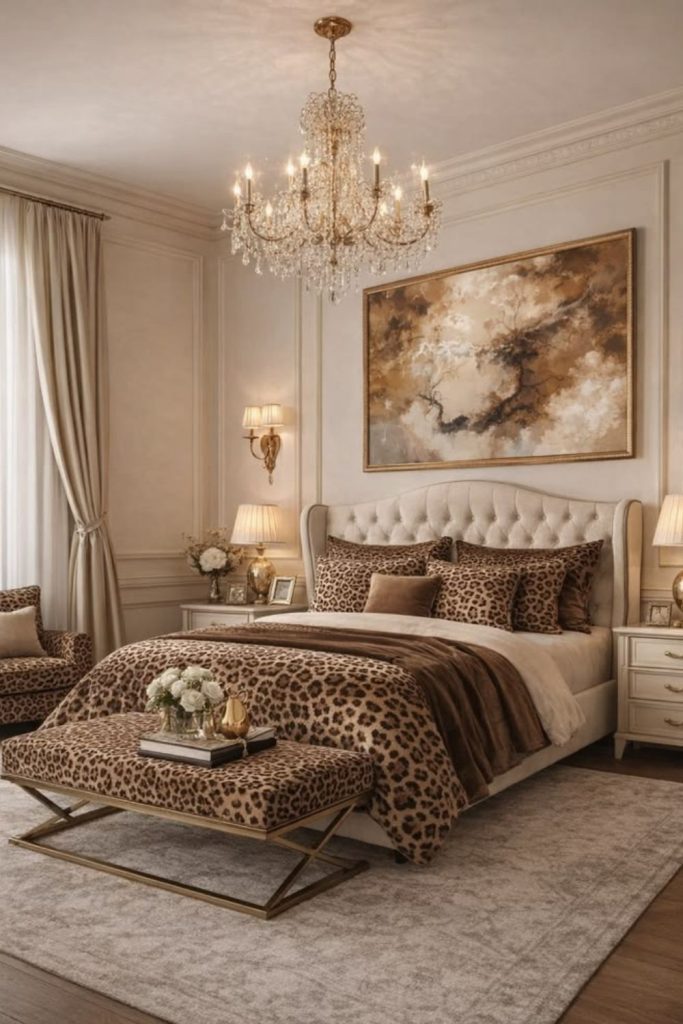 Hollywood glam leopard bedroom with mirrors.