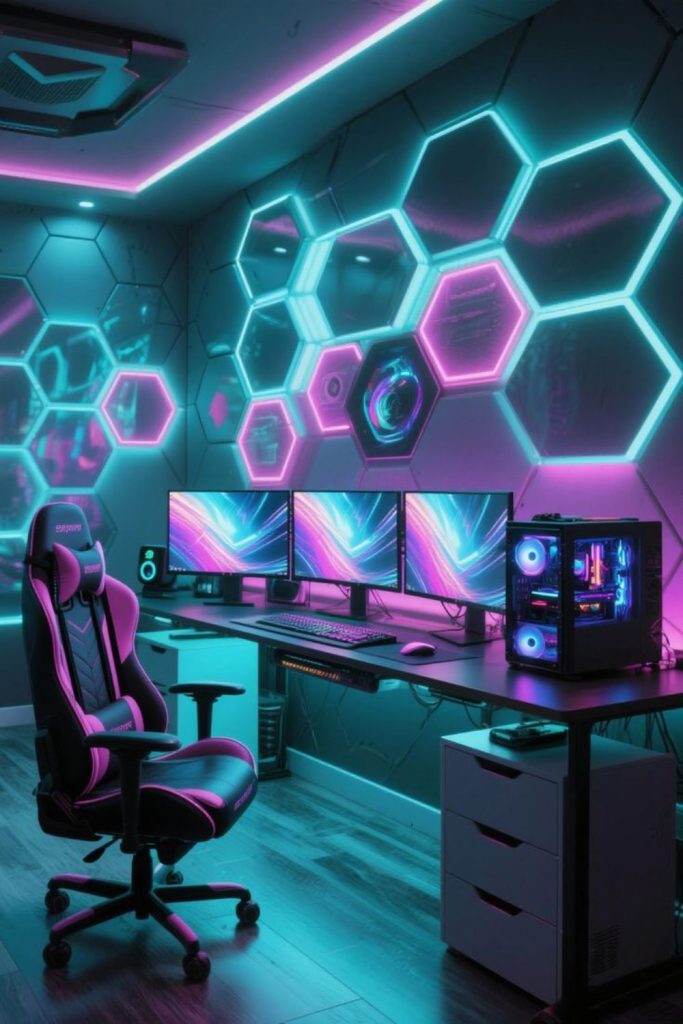 Holographic RGB gaming desk setup.