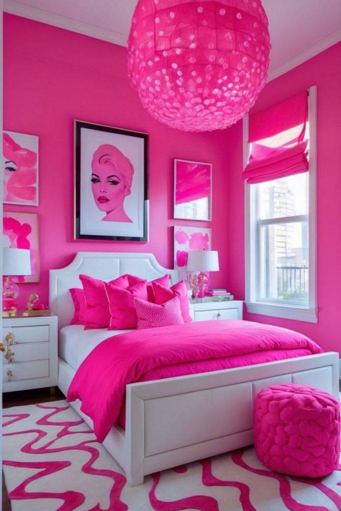 Hot pink bedroom with bold modern decor.