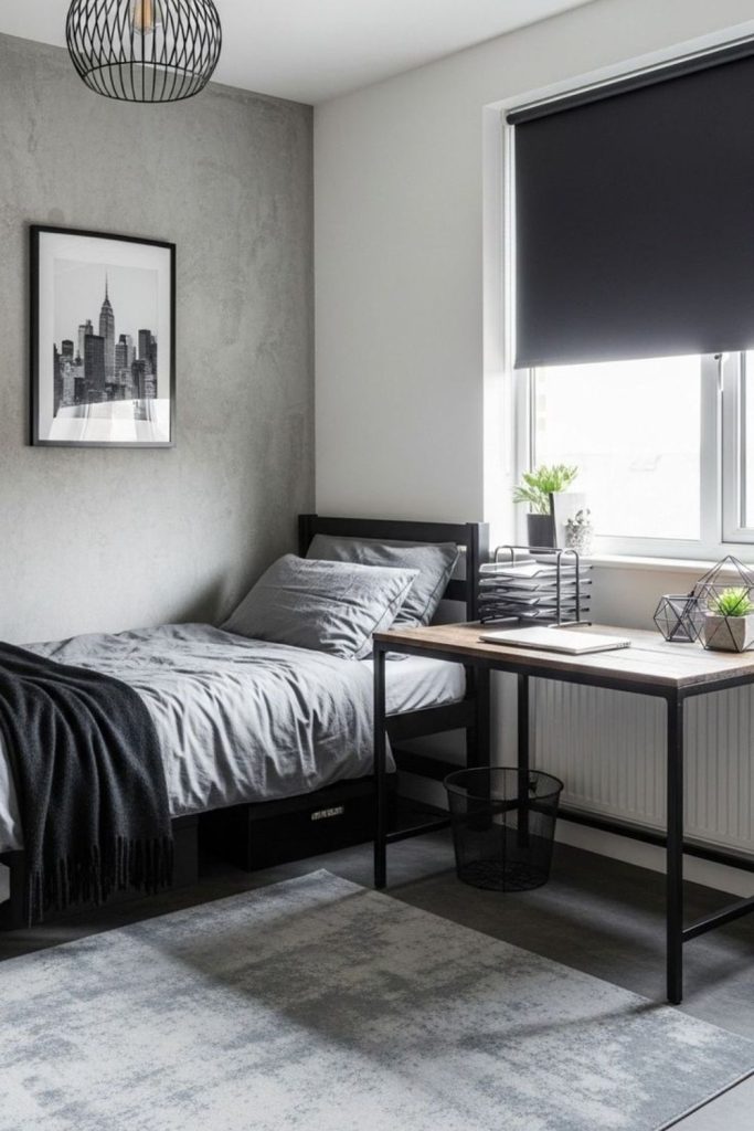 Minimal monochrome boys dorm room setup.