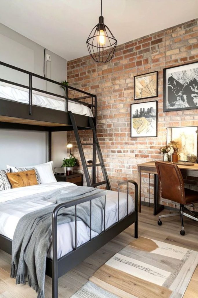 Industrial brick dorm room with shelves.
