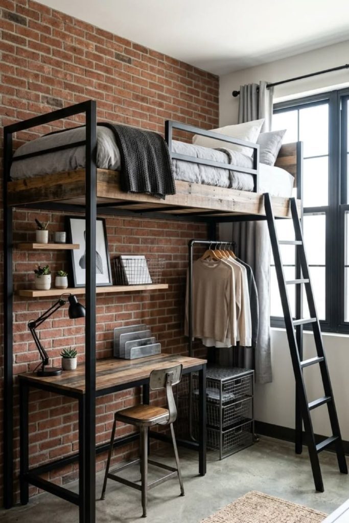 Industrial lofted bed with brick décor.