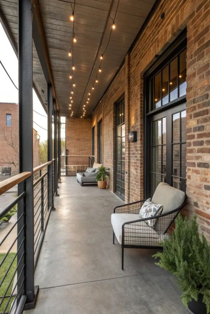 Industrial chic covered porch with steel.