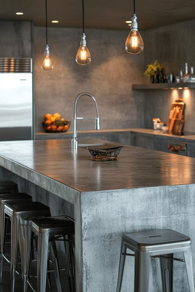 Industrial concrete kitchen island with sink.
