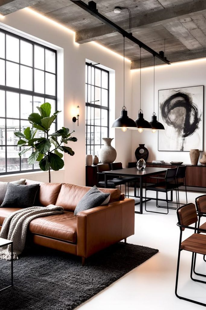 Exposed brick wall with leather chair.