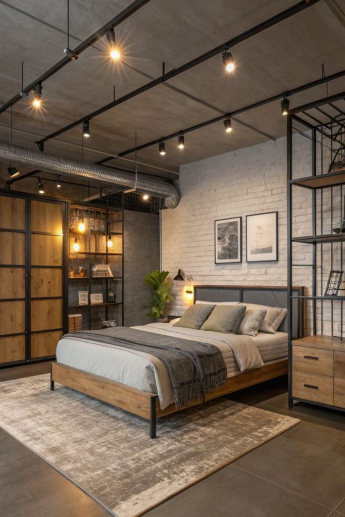 Industrial bedroom with exposed brick walls.