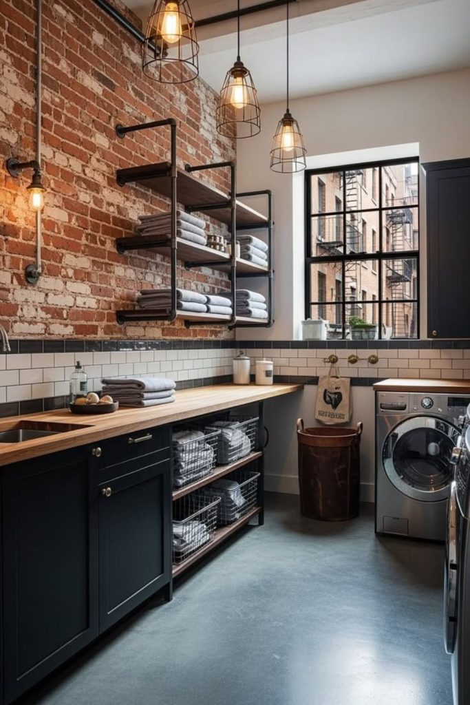 Industrial gray metal laundry cabinets.