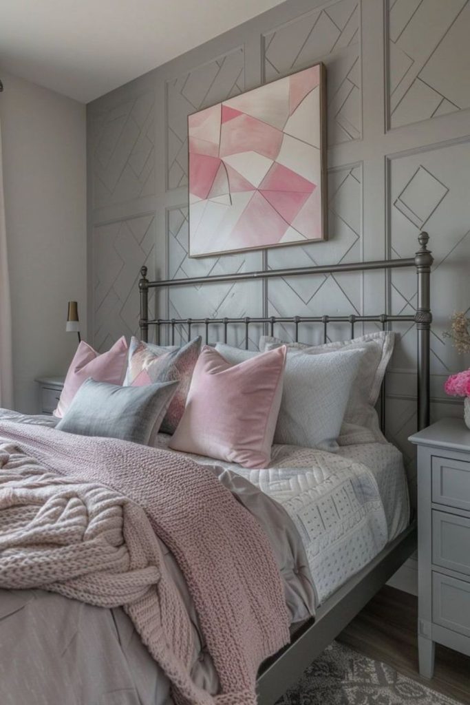 Industrial pink and grey bedroom.