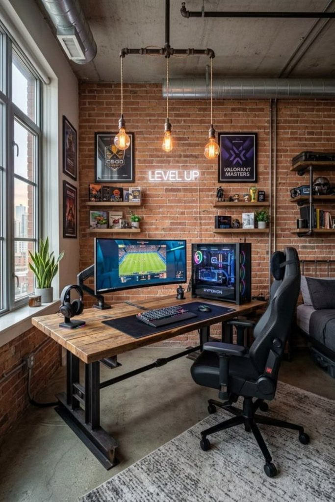 Industrial gaming setup with steel accents.