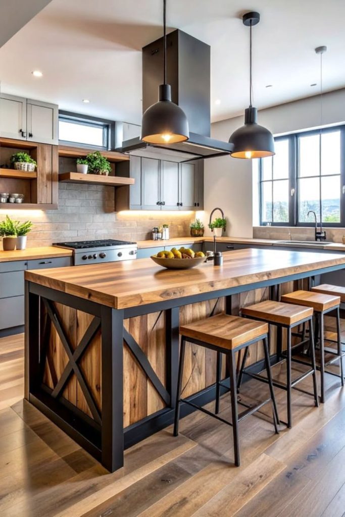 Industrial steel kitchen island with wood.