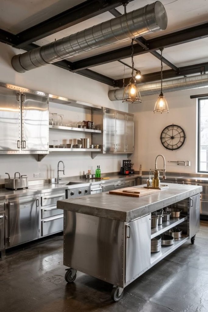 Industrial steel kitchen island with sink.