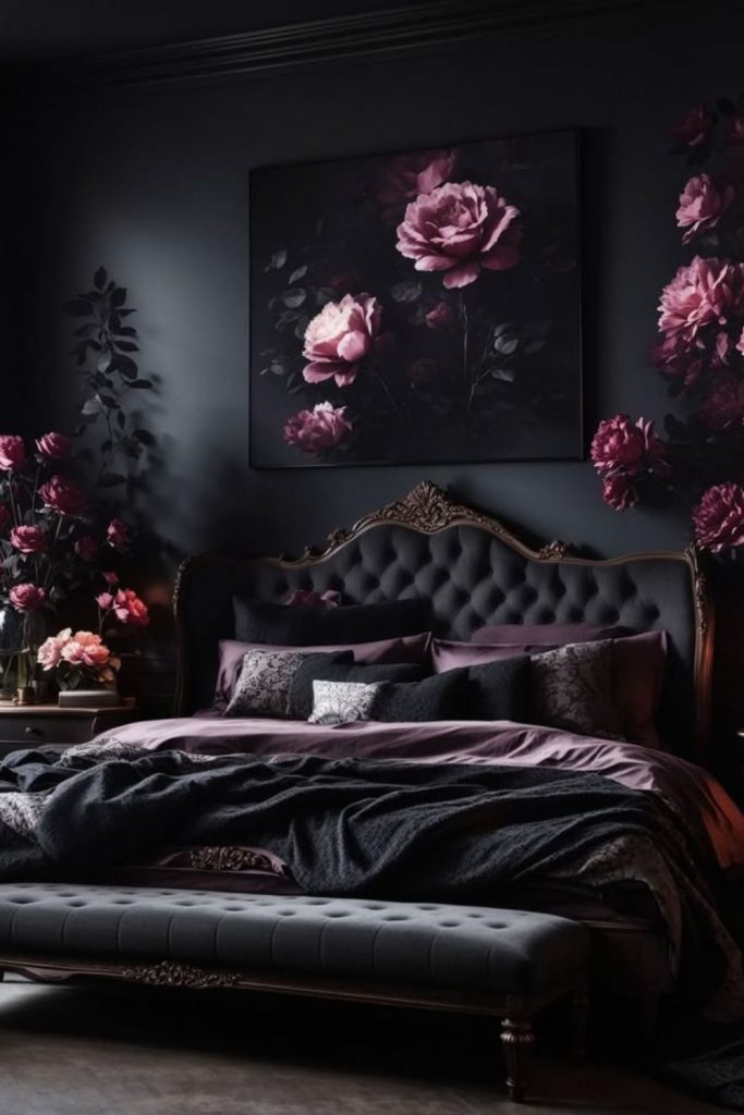 Elegant Parisian black Nouveau bedroom retreat.