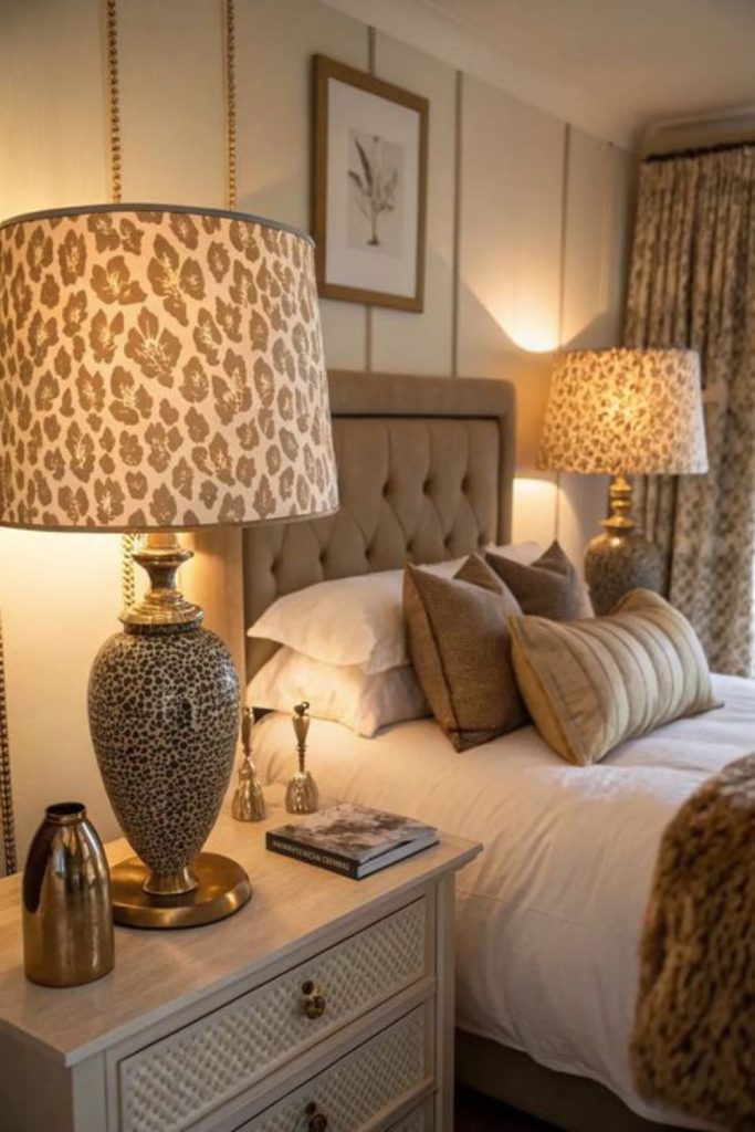 Ivory leopard bedroom with cozy textures.