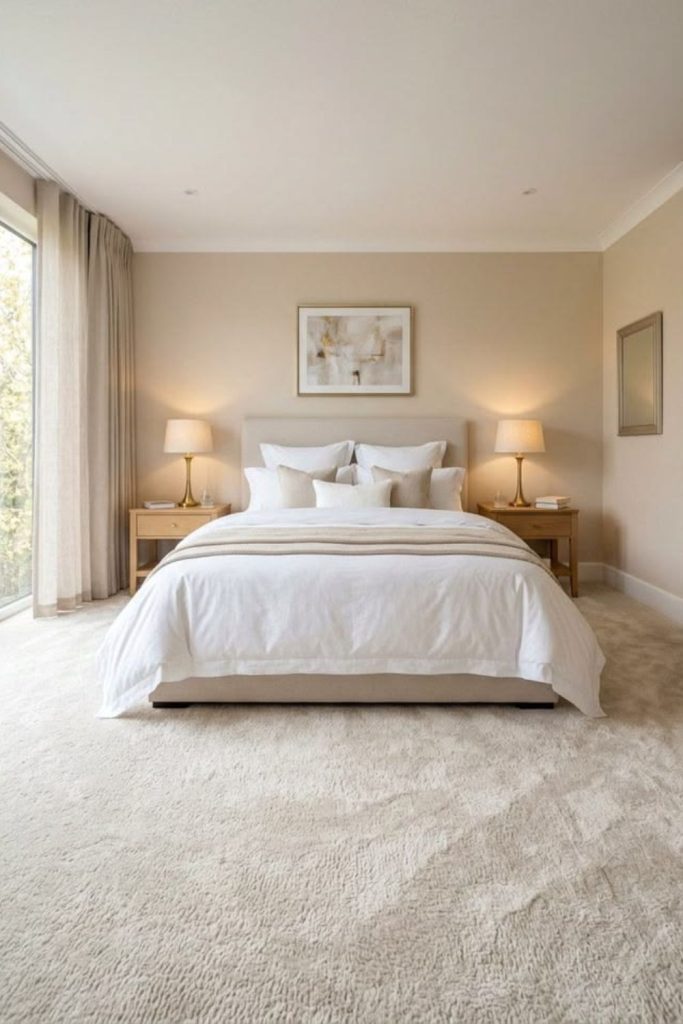 Ivory minimalist carpet in bright bedroom.