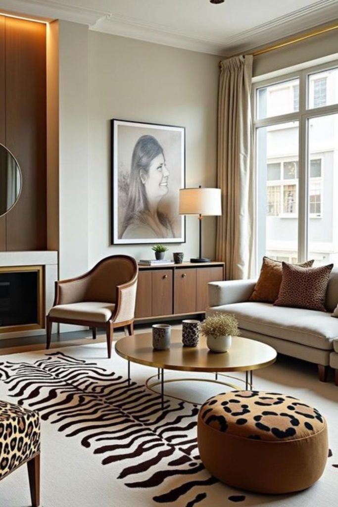Ivory cheetah sophisticated living room decor.