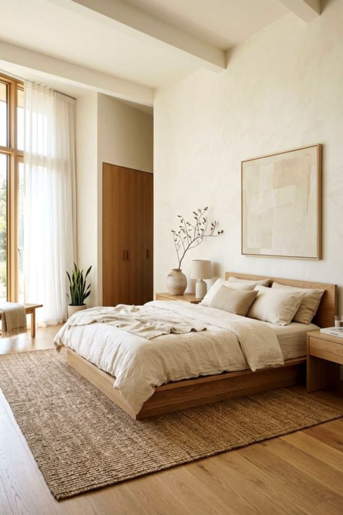 Japandi bedroom with minimalist wooden furniture.