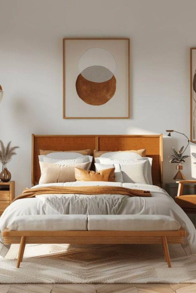 Japandi-inspired minimalist wooden bed.