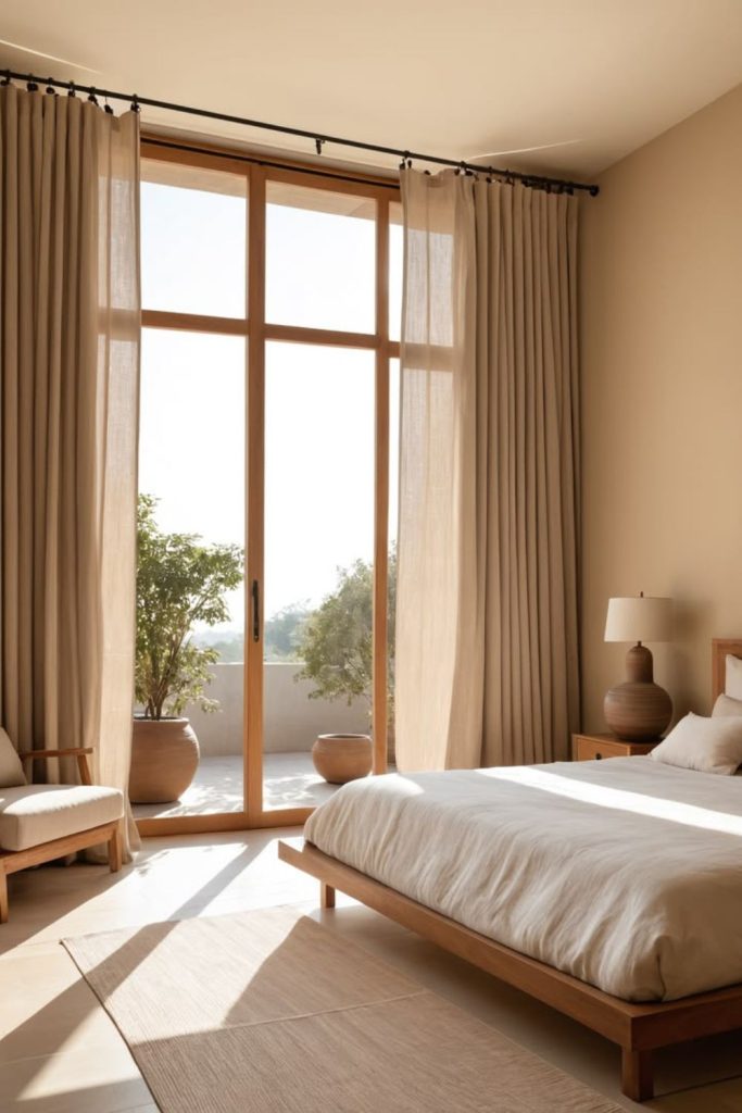Japandi linen curtains with wooden blinds.