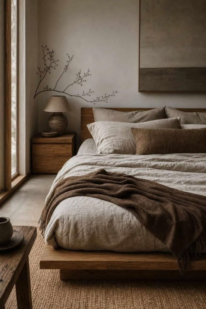 Japandi neutral bedding minimalist wooden bedroom.