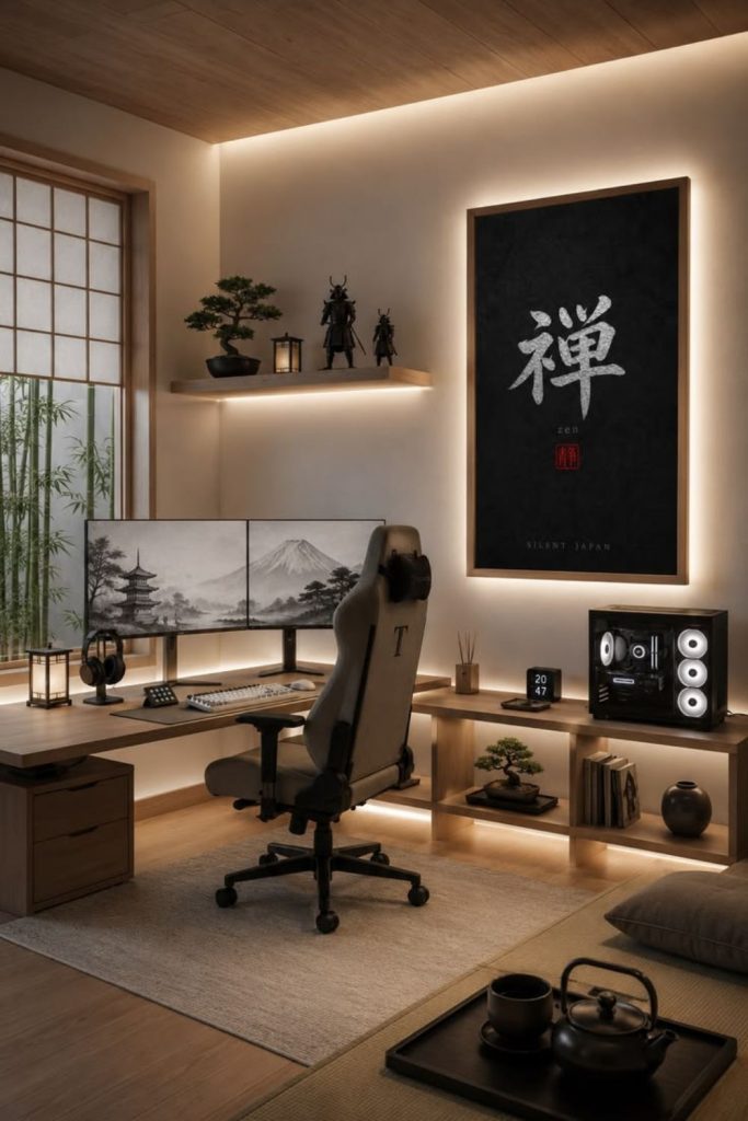 Zen-inspired peaceful gaming setup.