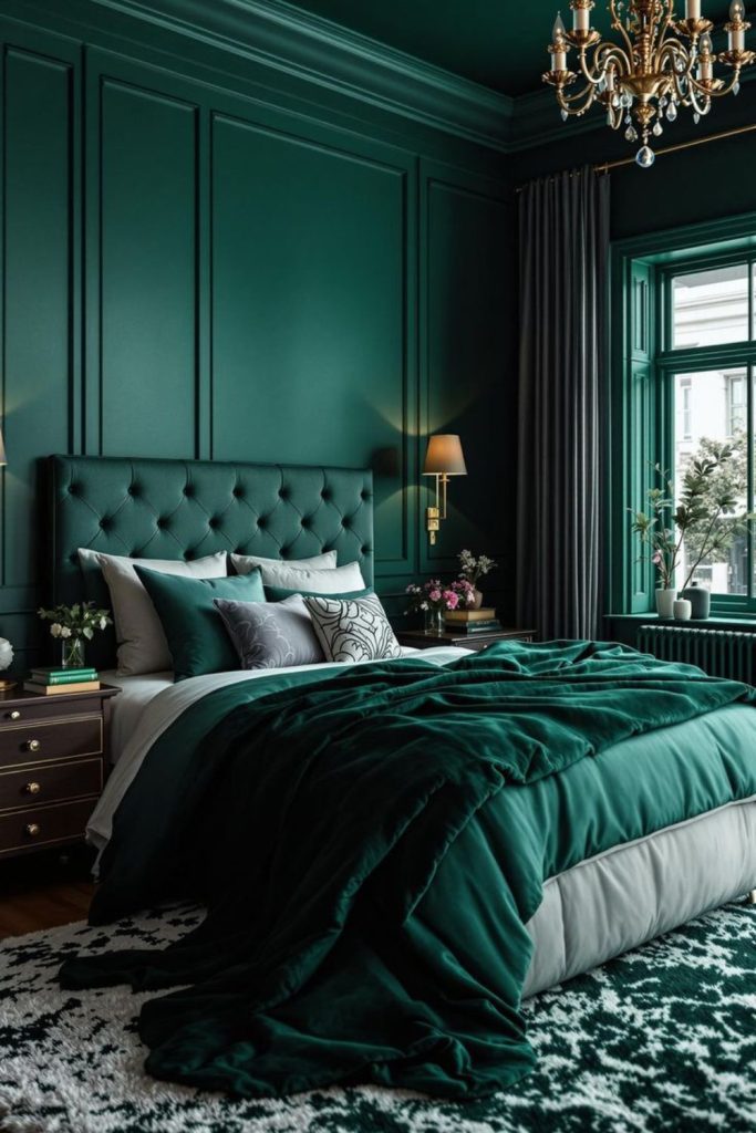 Emerald jewel tone luxurious bedroom carpet.