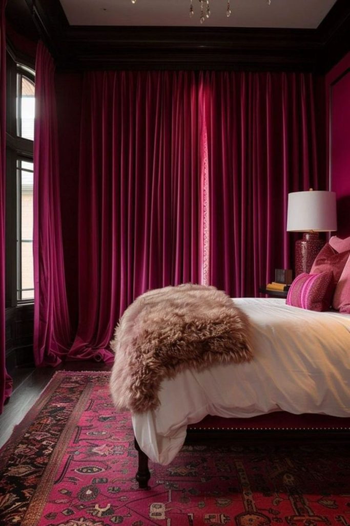 Ruby velvet curtains with blackout blinds.