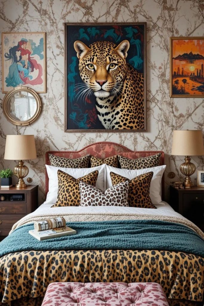 Jewel-tone leopard bedroom with velvet.