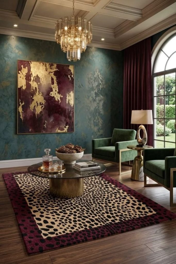 Jewel tone cheetah luxury living room.