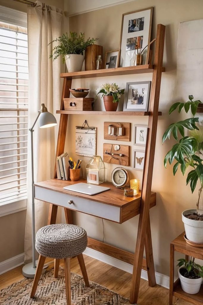 Ladder shelf desk for compact bedrooms.