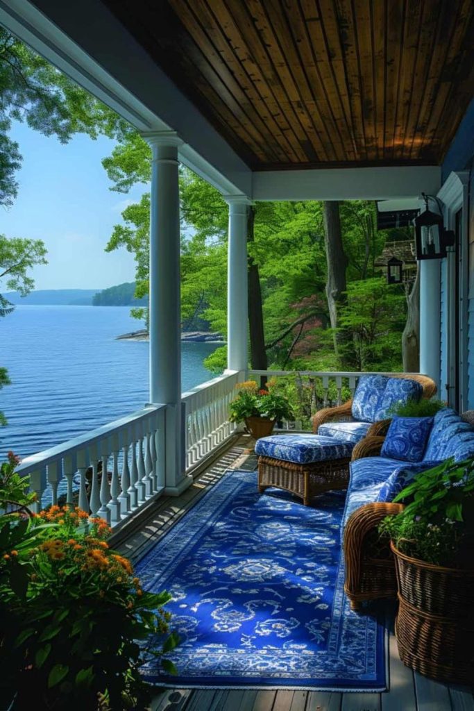 Lakeside covered porch with cozy seating.