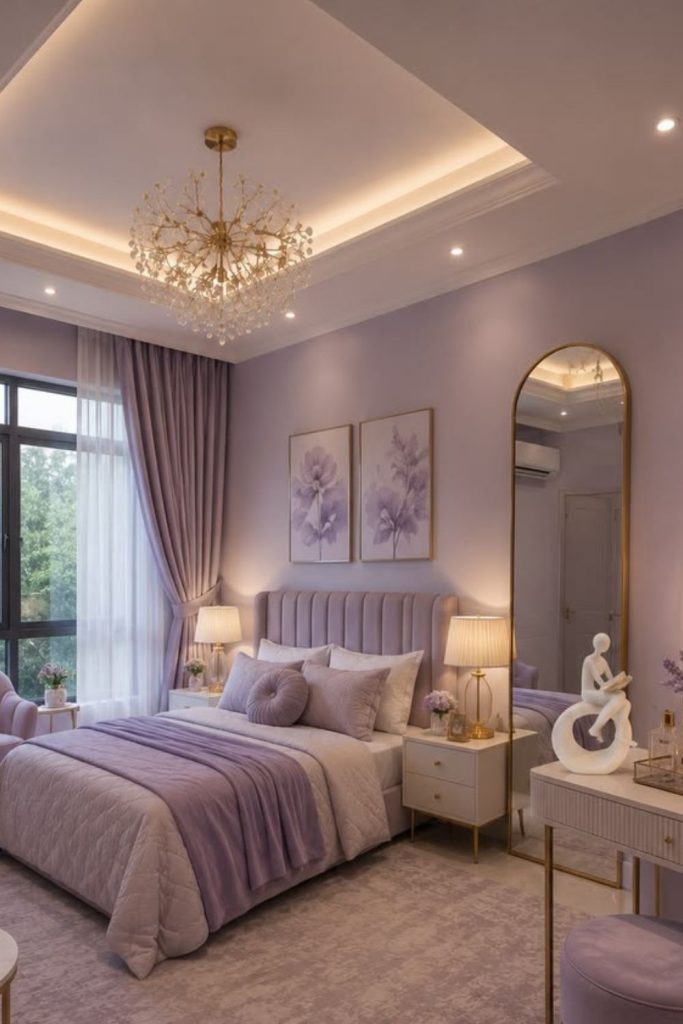 Lavender bedding with cozy gray blanket.
