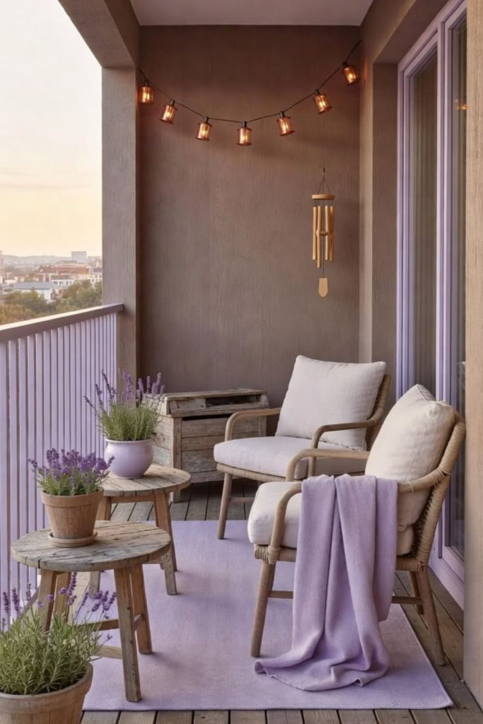 Lavender-themed bedroom balcony with floral accents.