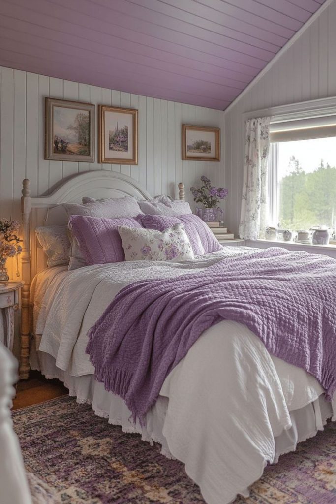 Lavender cottage bedroom with vintage brass