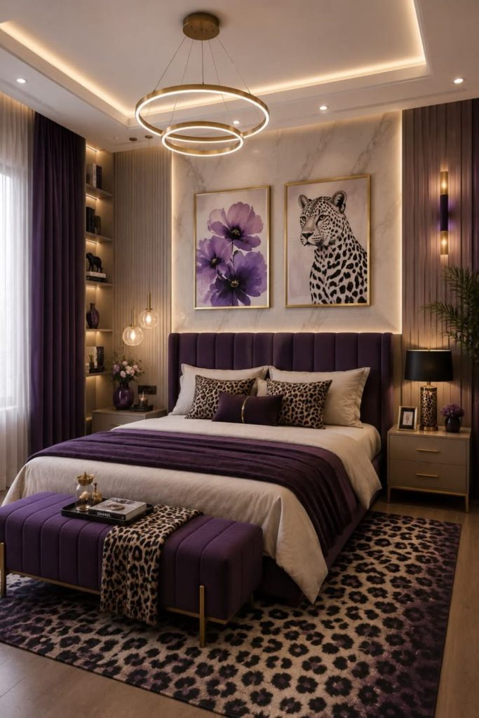 Lavender leopard bedroom with crystal lamps.