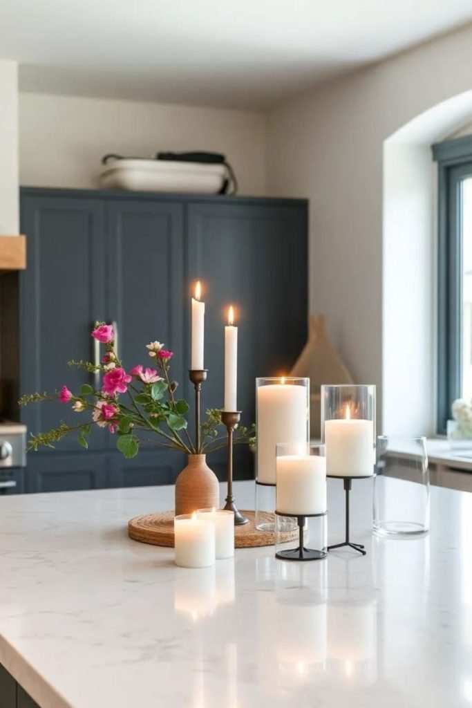 Layered kitchen counter with rustic decor.