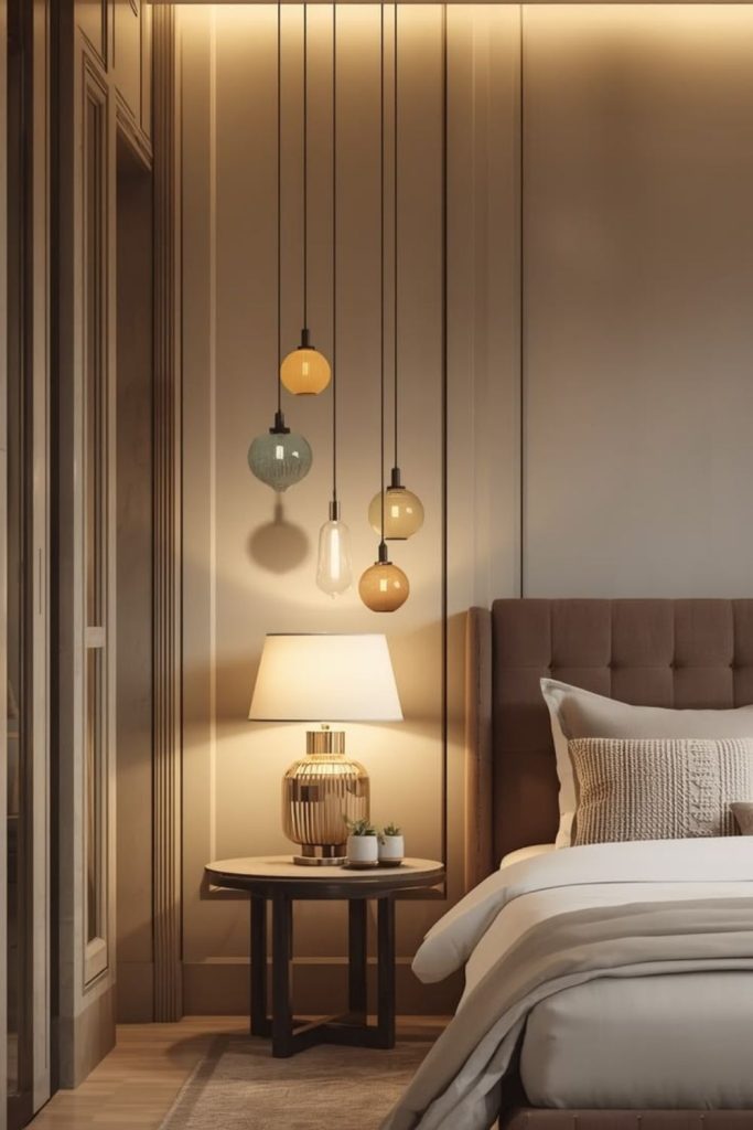 Layered bedroom lighting with multiple fixtures.