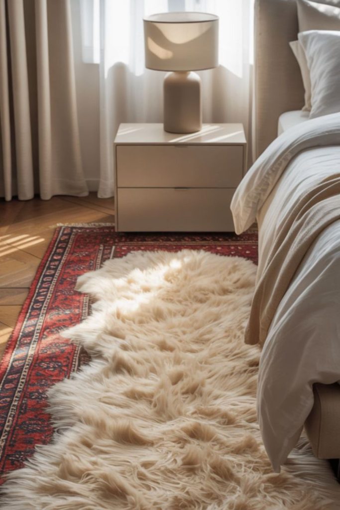 Layered rugs over neutral bedroom carpet.