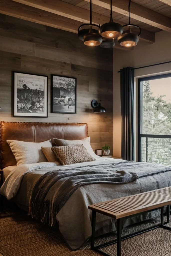 Leather and oak masculine bedroom.