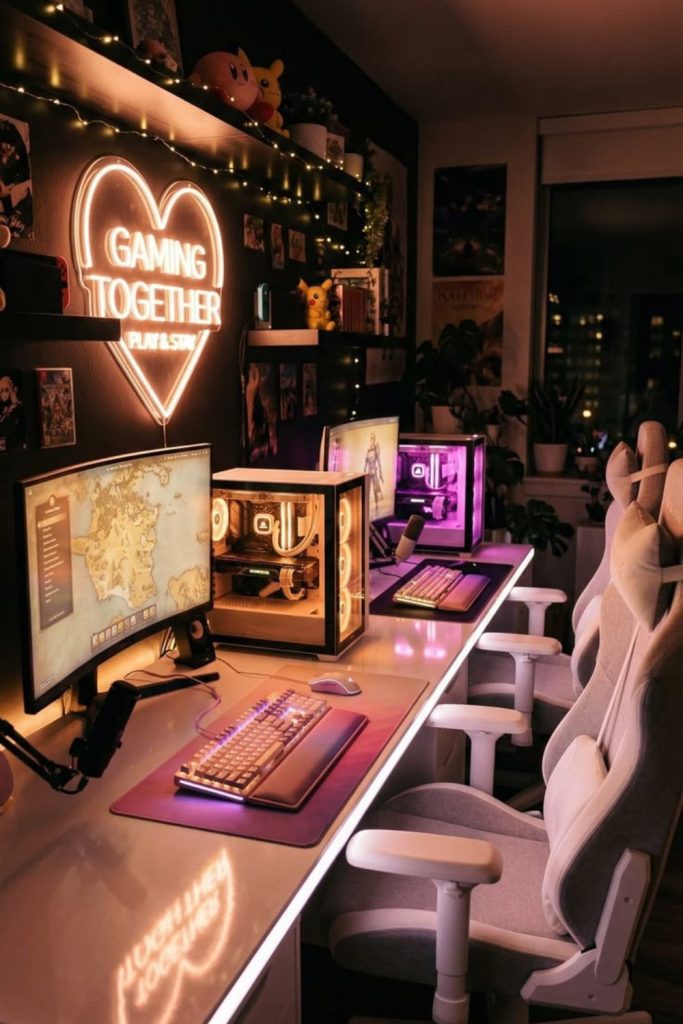 Spacious loft gaming room design.