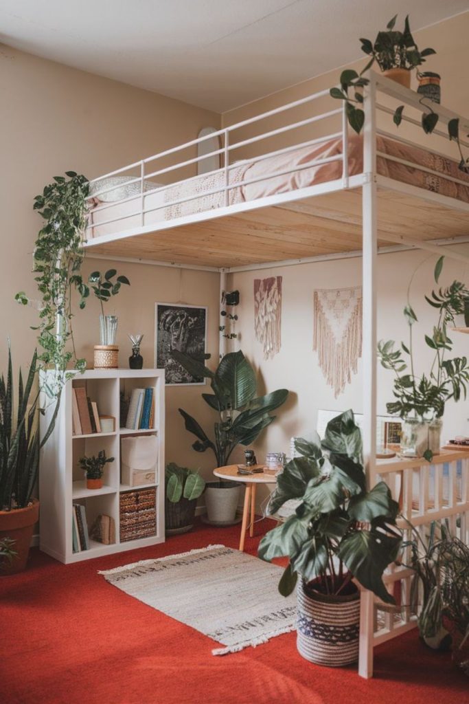 Lofted bed dorm room plant paradise.
