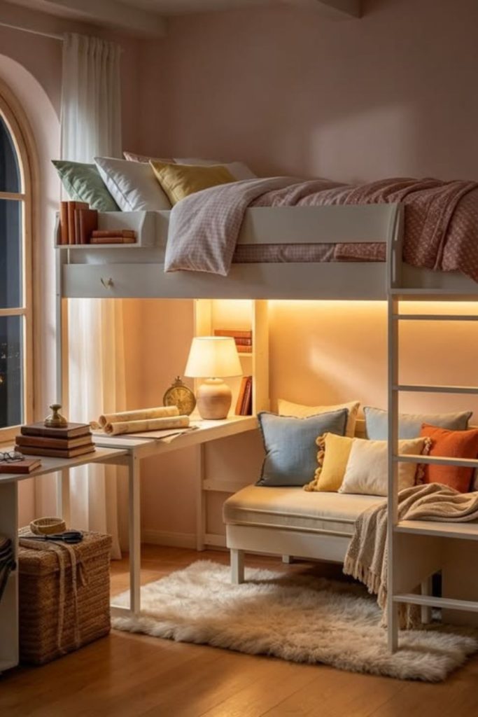 Lofted dorm bed cozy reading retreat.