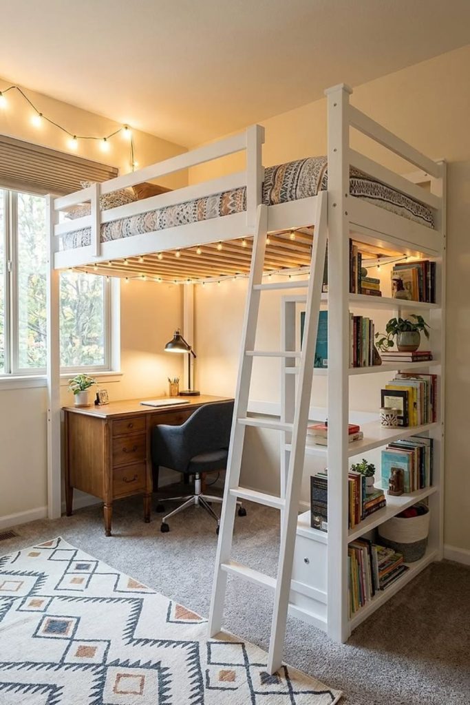 Lofted bed dorm room desk wall.