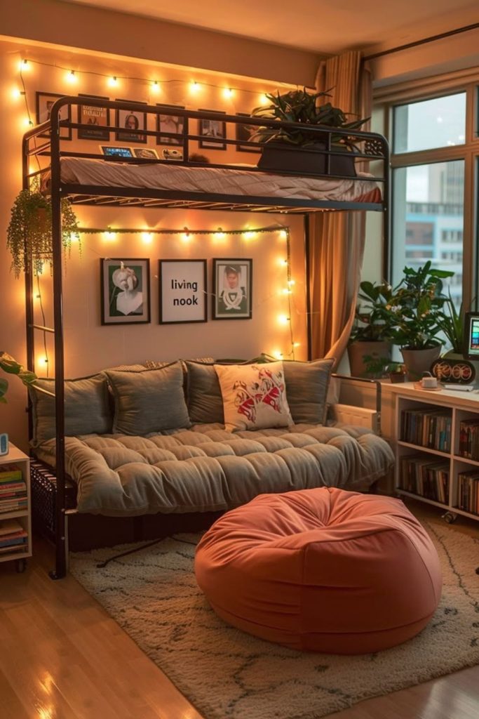 Lofted bed dorm room lounge sofa.