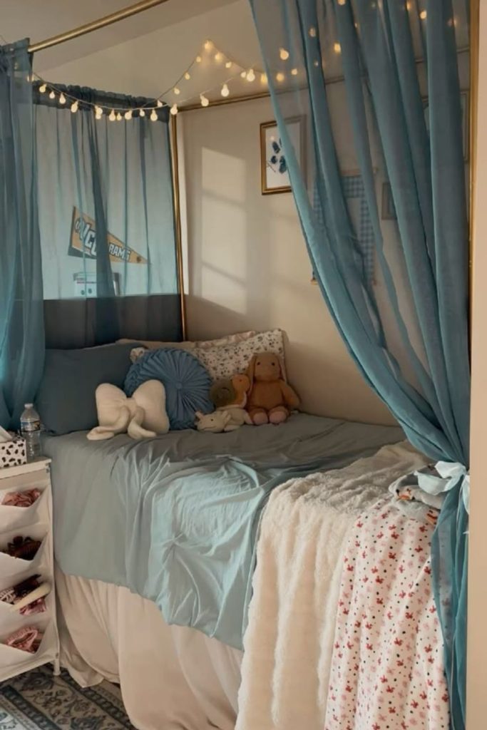 Lofted bed dorm privacy canopy.