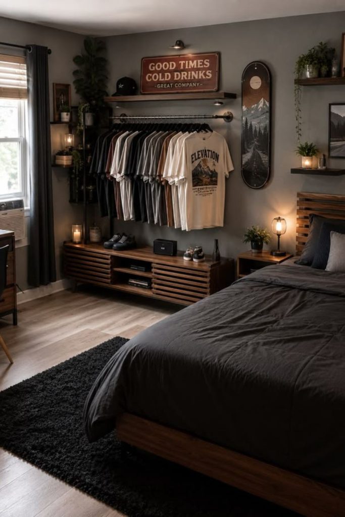 Luxurious black modern dorm room.