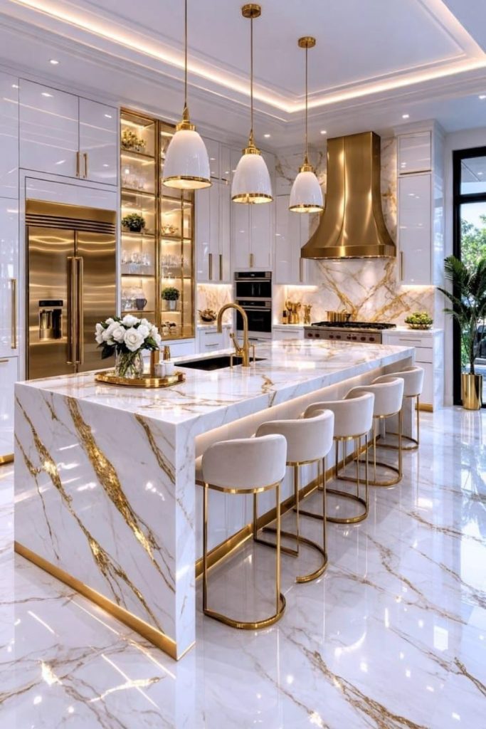 Gold accent luxury kitchen island design.