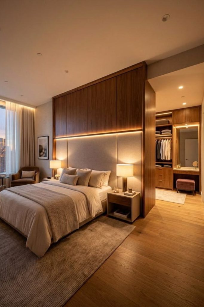 Luxury hotel-style bedroom with plush bedding.