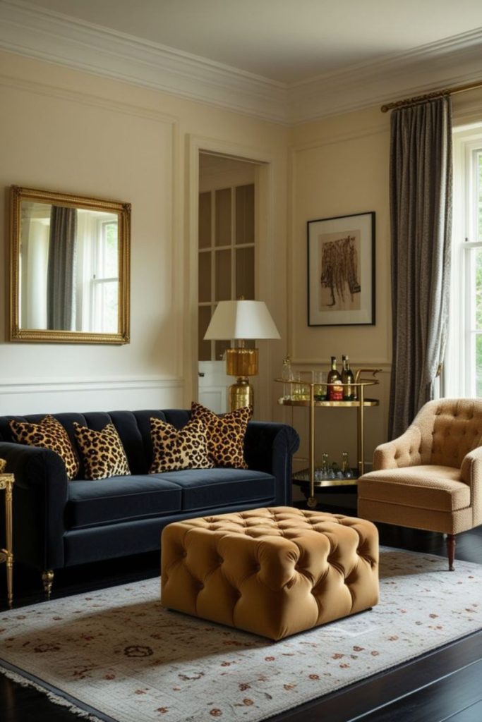 Velvet cheetah glamorous living room design.