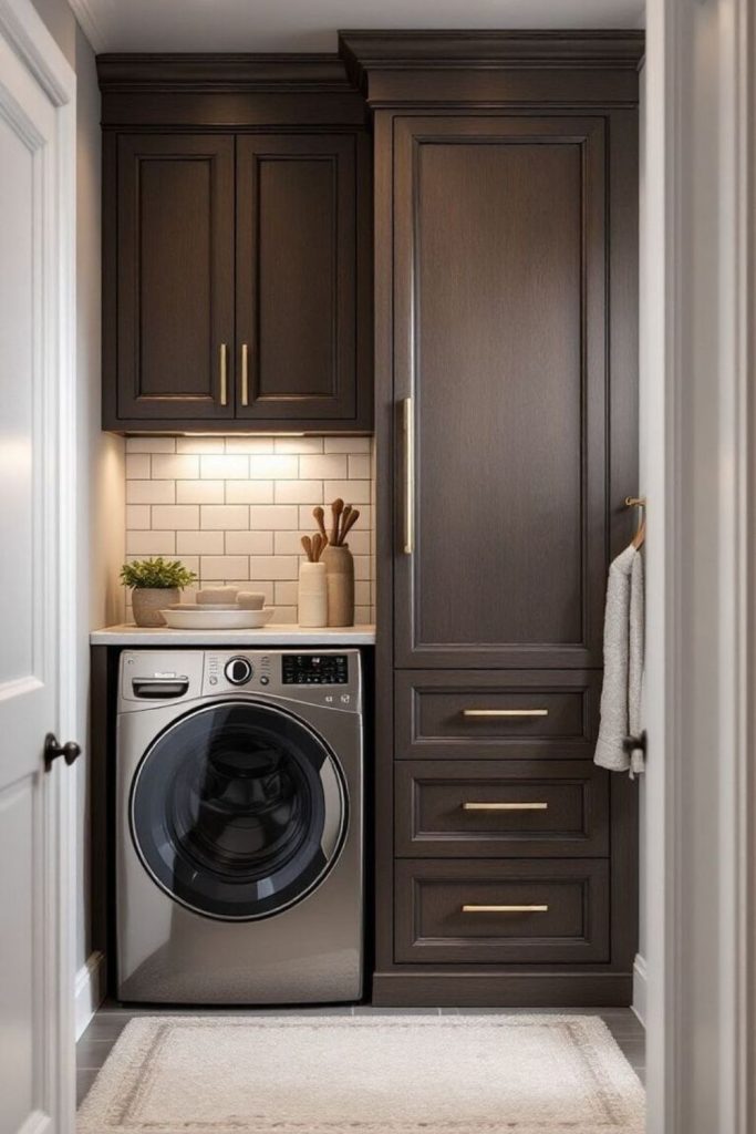 Built-in walnut laundry room cabinets.
